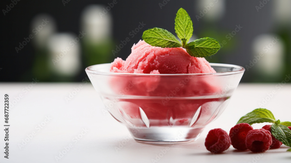 A refreshing scoop of raspberry sorbet presented with a sprig of mint, an ideal palate cleanser for a romantic Valentine's dinner.
A refreshing scoop of raspberry sorbet presented with a sprig of mint, an ideal palate cleanser for a romantic Valentine's dinner.