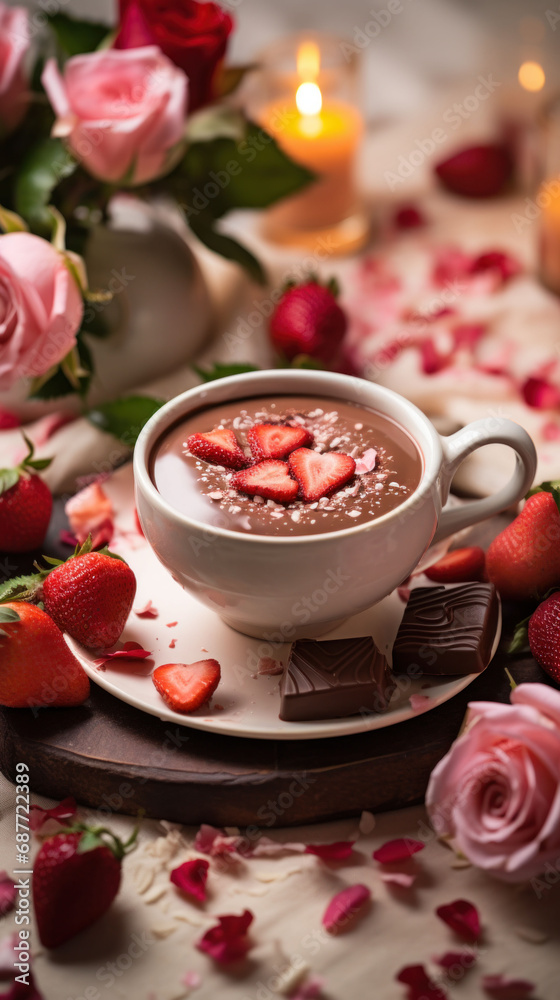 A cup of hot chocolate topped with strawberry hearts, surrounded by roses, creating a warm, romantic ambiance.

