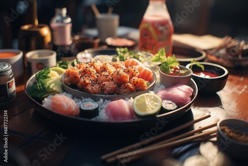 The aesthetics of Japanese cuisine. Sushi. Rice with vinegar seasoning. Various seafood. Delicottes. Tasty food. Seasonings and spices. Sashimi Rolls Ramen Poké.