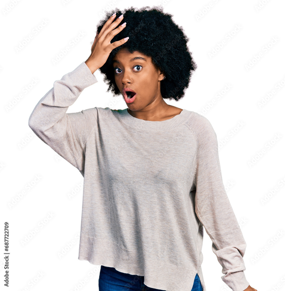 Young african american woman wearing casual clothes surprised with hand on head for mistake, remember error. forgot, bad memory concept. Young african american woman wearing casual clothes surprised with hand on head for mistake, remember error. forgot, bad memory concept.