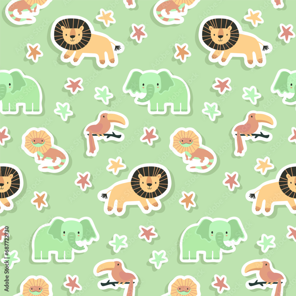 Fototapeta premium Vector sticker pattern with elephant, lion, lizard, toucan.Tropical jungle cartoon creatures.Pastel animals background.Cute natural pattern for fabric, childrens clothing,textiles,wrapping paper.