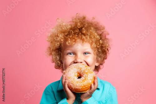 Happy cute redhead boy smiles and holds a donut  pink background wall. Illustration. Generative AI