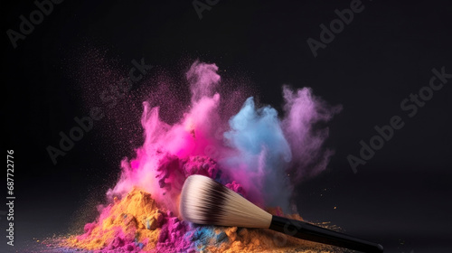Cosmetic brush with colorful powder in motion spreading on light background. No people. Cosmetic Background concept. Illustration. Generative AI photo