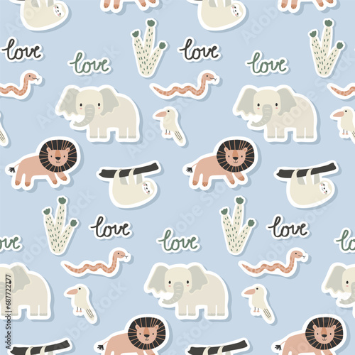 Fototapeta Naklejka Na Ścianę i Meble -  Vector sticker pattern with elephant, lion, sloth, snake.Tropical jungle cartoon creatures.Pastel animals background.Cute natural pattern for fabric, childrens clothing,textiles,wrapping paper.