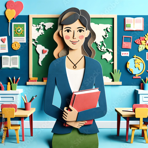 A paper craft style image portraying a teacher in a classroom