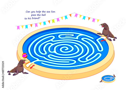 Best labyrinths. Can you help the sea lion pass the ball to his friend? Find the way. Logic puzzle game. Brain teaser book with maze. Activity sheet. Educational page for kids. Vector cartoon image.