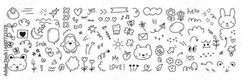 Set of cute pen line doodle element vector. Hand drawn doodle style collection of heart, speech bubble, word, cloud, penguin, ice cream photo