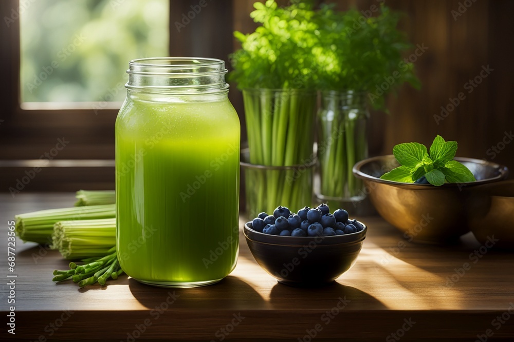 Fresh celery juice in mason jar, bowl of wild blueberry on wooden table morning light. AI generated Fresh celery juice in mason jar, bowl of wild blueberry on wooden table morning light. AI generated