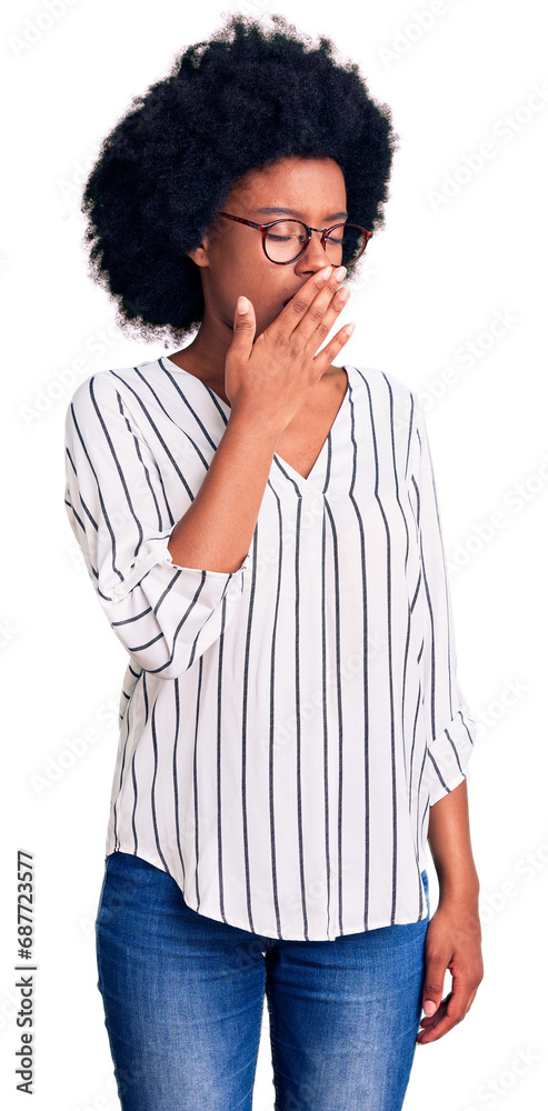 Young african american woman wearing casual clothes and glasses bored yawning tired covering mouth with hand. restless and sleepiness. Young african american woman wearing casual clothes and glasses bored yawning tired covering mouth with hand. restless and sleepiness.