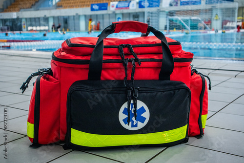 Lifeguard ems backpack in swimming pool