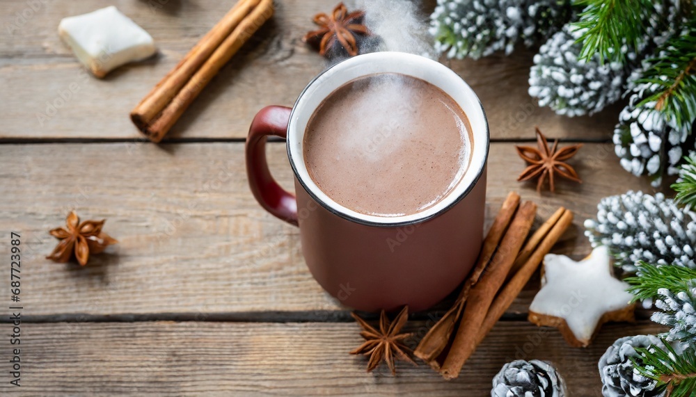 Hot cocoa drink in brown mug with cinnamon, candy, Christmas winter mood, on wooden table Hot cocoa drink in brown mug with cinnamon, candy, Christmas winter mood, on wooden table