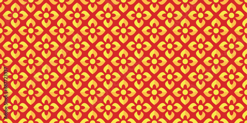 Chinese style gold floral seamless pattern. Red and yellow flowers for decoration, wallpaper, wrapping paper, fabric and floor