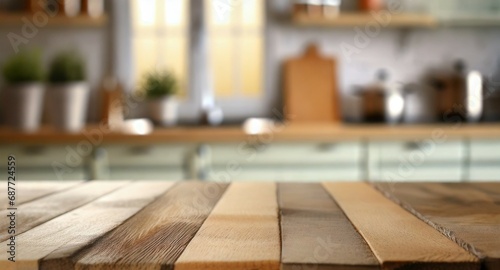 Empty wooden kitchen table with space to display product or copy/text © D'Arcangelo Stock