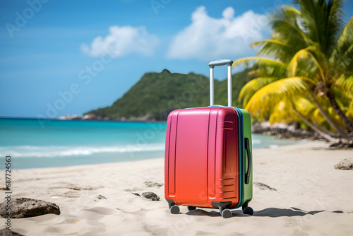 Colorful coral suitcase on a tropical beach, vacation ready. Coral suitcase on a tropical beach, vacation ready. Tropical journey, vibrant suitcase on white sandy beach. © Alina