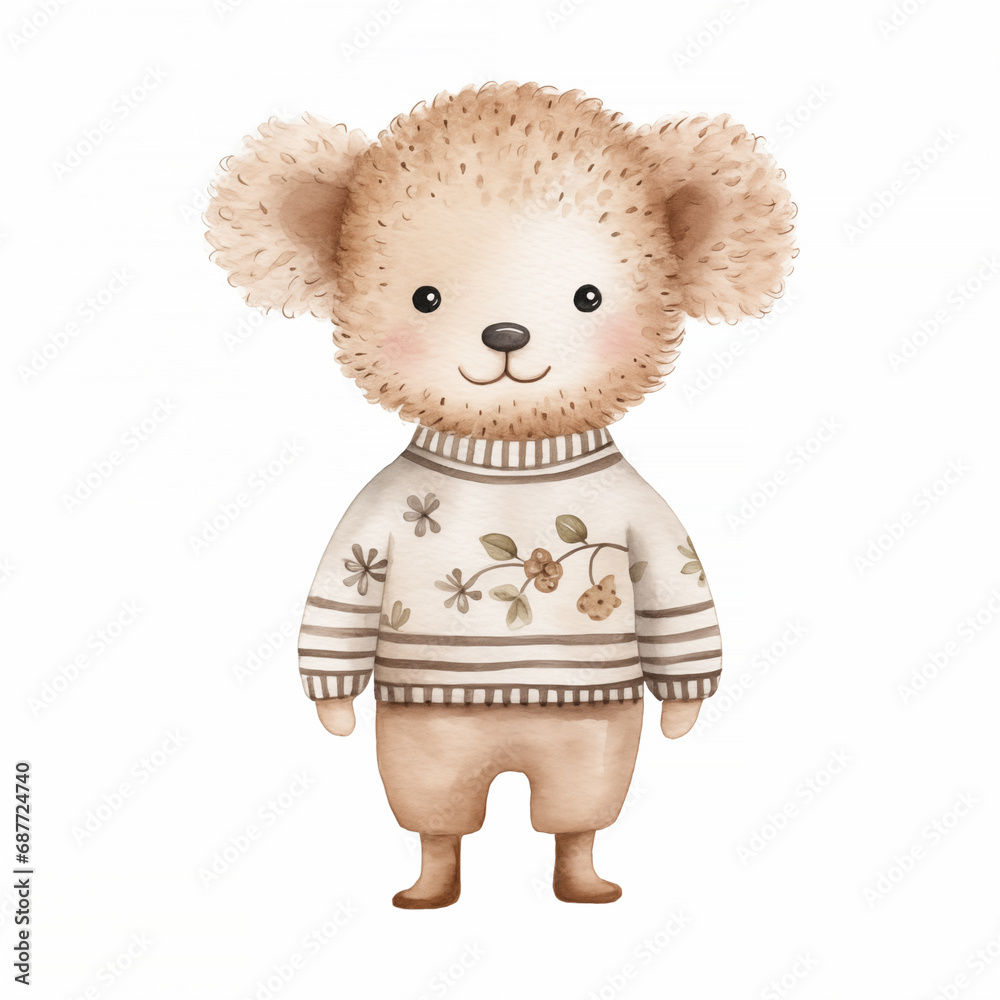 A delightful watercolor image of a fluffy poodle in a striped shirt adorned with floral motifs, executed in a warm, neutral color scheme, perfect for a child's room decor or storybook. High quality A delightful watercolor image of a fluffy poodle in a striped shirt adorned with floral motifs, executed in a warm, neutral color scheme, perfect for a child's room decor or storybook. High quality