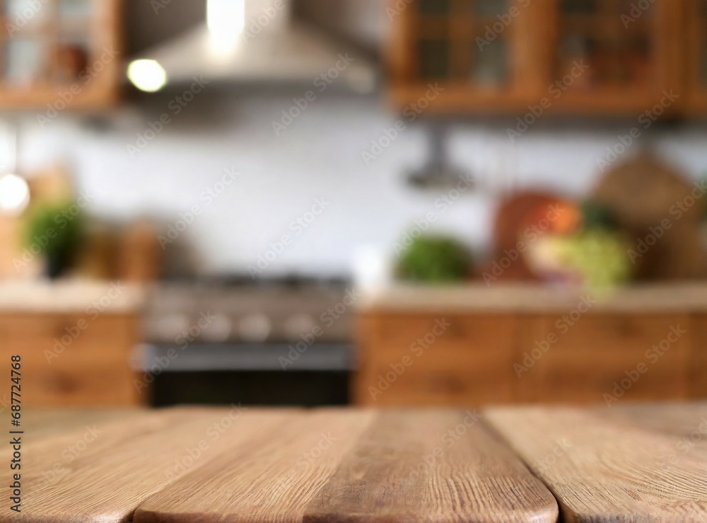 Empty wooden kitchen table with space to display product or copy/text