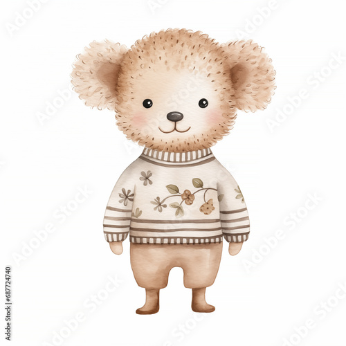 A delightful watercolor image of a fluffy poodle in a striped shirt adorned with floral motifs, executed in a warm, neutral color scheme, perfect for a child's room decor or storybook. High quality