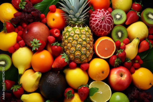 Beautiful background with fresh exotic various fruits  top view.generative ai