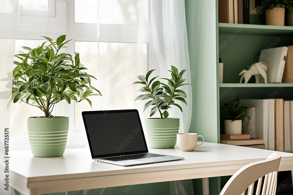 Fototapeta premium Stylish Workspace with Desktop Computer, Office Supplies, Houseplant, and Books at Office Created with Generative AI Tools
