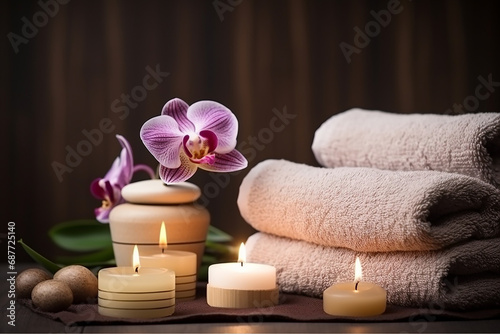 Spa Still Life with Aromatic Candles  Orchid Flower  and Towel Created with Generative AI Tools