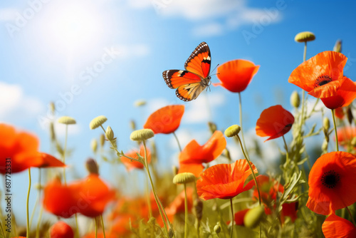 Beautiful summer background of red poppy flowers and red butterfly with sky in the background and space for text.generative ai