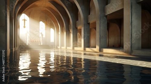 clear water concrete style church / chapel, charming light and shadow, copy space, 16:9