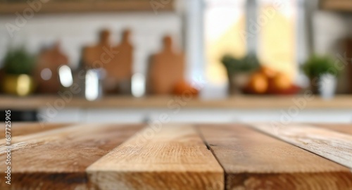 Empty wooden kitchen table with space to display product or copy/text