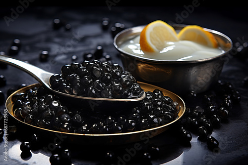 Stampa su tela Close-up of a silver spoon filled with black caviar on a caviar and lemon background