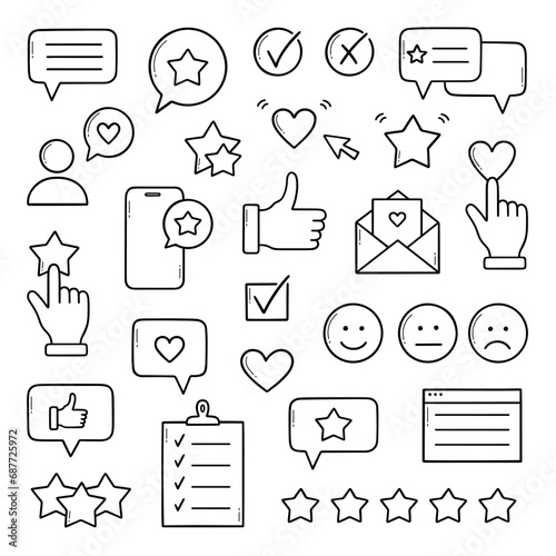 Feedback doodle set. Quick Response, rating, review, testimonials, support service, emotion symbols in sketch style. Hand drawn vector illustration isolated on white background
