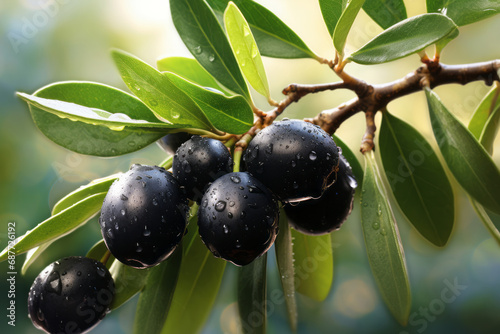 ripe black olives on the tree with green leaves and water drops, close up view.generative ai photo