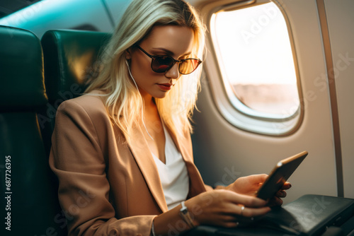 Beautiful young rich woman in sunglasses sits in an airplane seat on the passenger chair during the flight and uses the phone by the window.generative ai
