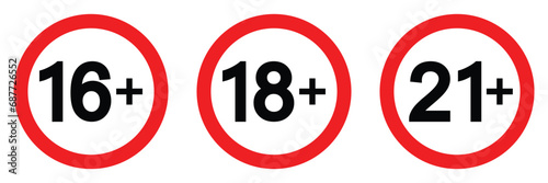 Age limit sign set. Warning censure symbol isolated on white background, 16 plus, 18 plus, 21 plus, censored, sixteen, eighteen, twenty one age older adult content. Only age restriction. Vector icon.