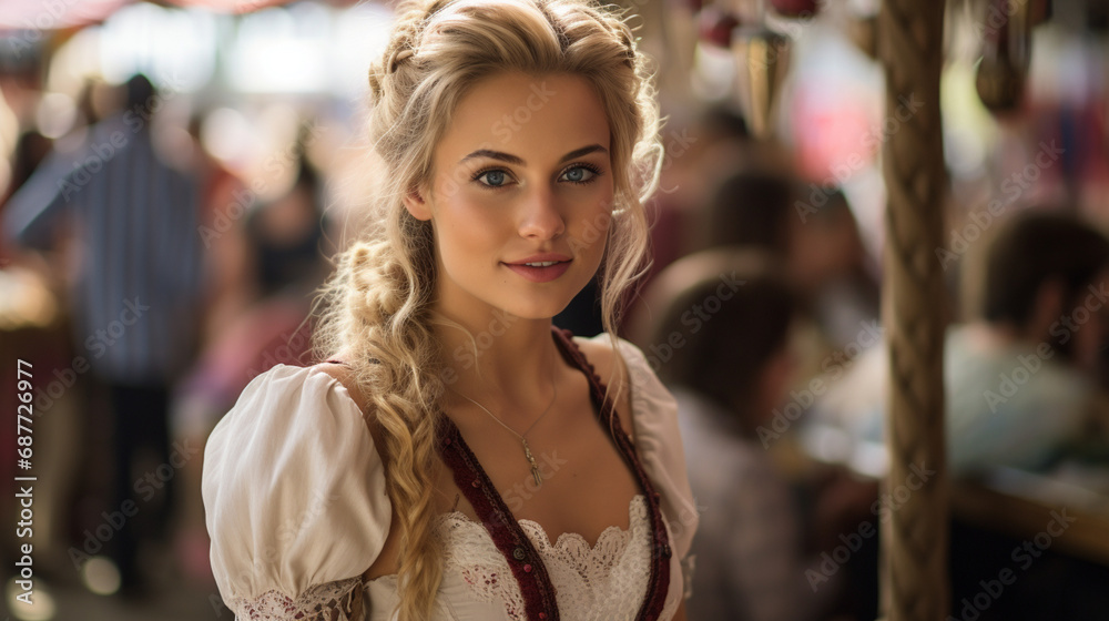young adult german woman, wears Dirndl, Bavaria Oktoberfest, happy blonde woman, 20s, fictional location