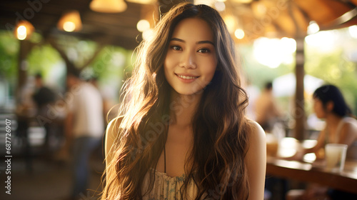 smiling woman in summer dress enjoying lively restaurant or bar ambiance, fictional location