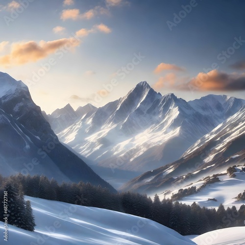 Snow Forest Mountain Tree Landscape Winter outdoor. A serene winter landscape with a snow covered forest and mountain range, gleaming peaks, snow laden slopes