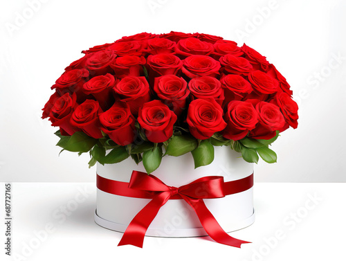 Red roses in gift box with ribbon bow decoration. Valentines day, Birthday, Mothers day flowers