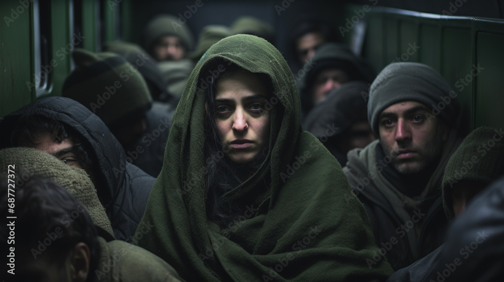 illegal human trafficking or human smuggling in a container across a border, illegal migration, fictional place and event illegal human trafficking or human smuggling in a container across a border, illegal migration, fictional place and event