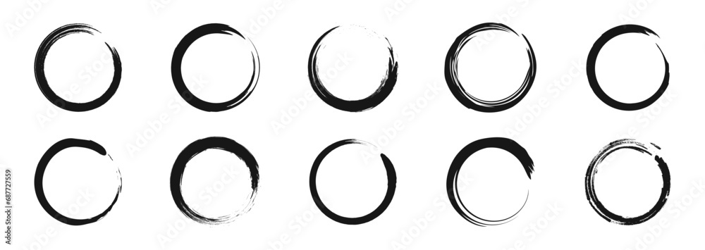 Grunge circles brush set. Black circle frames. Round line of black paint. Grunge round shapes. Circular ink brush stroke fro design elements. Vector illustration. - obrazy, fototapety, plakaty 