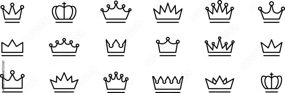 Crown thin line icon set. Silhouette crown collection. Black crown symbol. Editable stroke. Vector illustration. - obrazy, fototapety, plakaty 