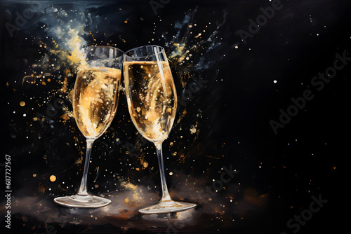 Glasses of champagne on a dark background with bokeh. Festive New Year background.