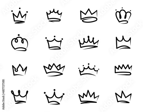 Crowns hand drawn icon set. Doodle crown collection. Crown sketch. Queen or king crowns. Vector illustration.