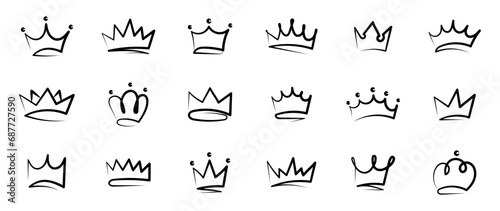 Crowns hand drawn icon set. Doodle crown collection. Crown sketch. Queen or king crowns. Vector illustration.