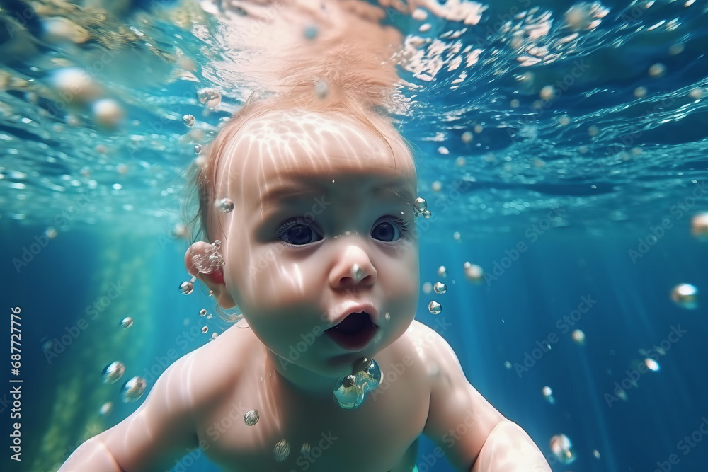 Small child or infant with open eyes underwater.generative ai