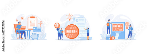  Paying utility bills online. Invoice and electricity meter. Paying utilities together. Utility bills set flat vector modern illustration 