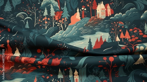 christmas gift ideas background, style of 20th century scandinavian, dark teal and light red, 16:9 photo