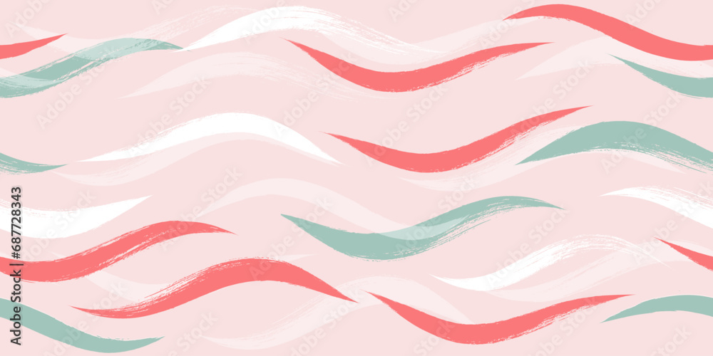 Seamless Wave Pattern, Hand drawn pink vector background. Wavy girly brush stroke, curly grunge paint lines, watercolor illustration