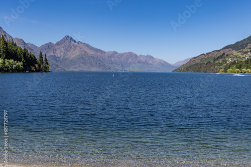 Lake Wakatipu and the mountains that surround it as seen from Queenstown New Zealand