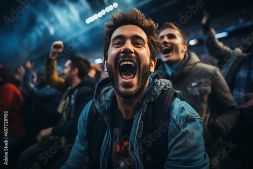 Excited man cheering with crowd in background, vibrant nightlife atmosphere. © ardanz