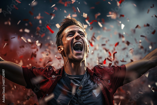 Man celebrating victory with arms raised amidst falling confetti, expressing joy and triumph.