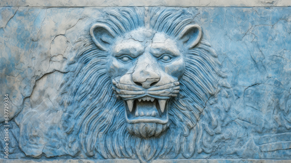 Old wall relief of lion head, cracked vintage Ancient art of animal. Damaged stone artifact of Renaissance. Theme of nature, antiquity, painting, history and medieval culture